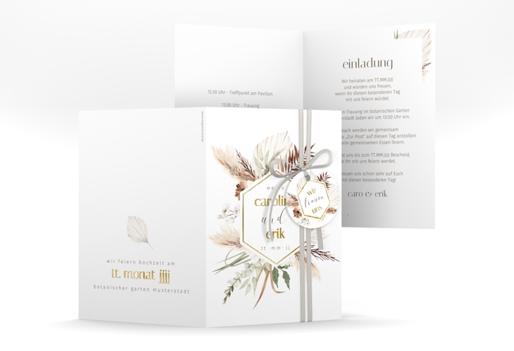 Einladungskarte Hochzeit Bohemian A6 Klappkarte hoch weiss gold mit Gräsern und Trockenblumen für Boho-Hochzeit