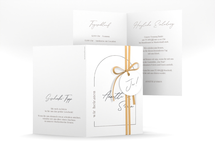 Einladungskarte Hochzeit Rundung A6 Klappkarte hoch weiss silber