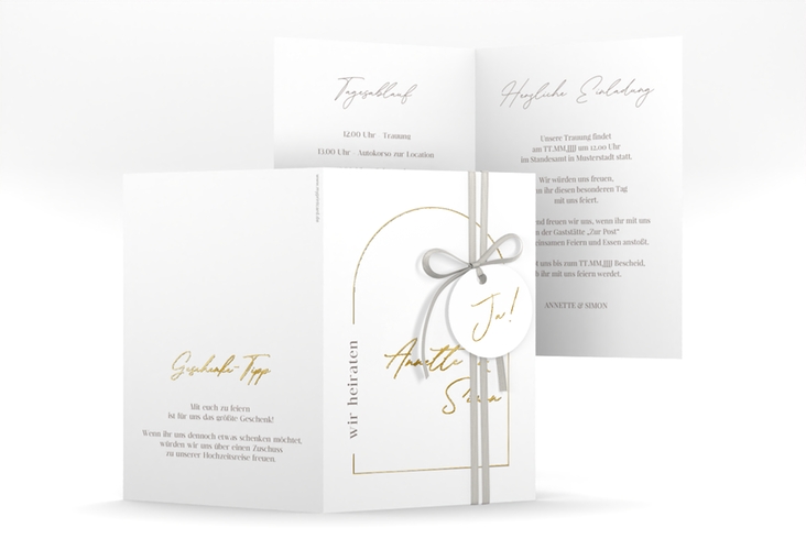 Einladungskarte Hochzeit Rundung A6 Klappkarte hoch weiss gold