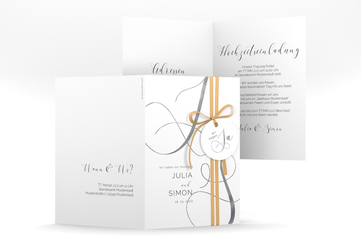 Hochzeitseinladung Eheschließung A6 Klappkarte hoch weiss silber mit Gräsern und Trockenblumen für Boho-Hochzeit