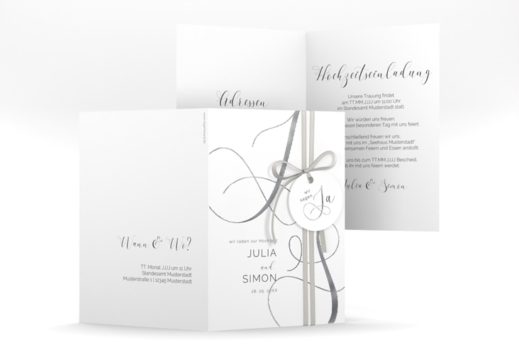 Hochzeitseinladung Eheschließung A6 Klappkarte hoch weiss silber mit Gräsern und Trockenblumen für Boho-Hochzeit