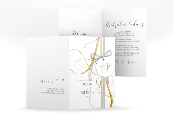 Hochzeitseinladung Eheschließung A6 Klappkarte hoch weiss gold mit Gräsern und Trockenblumen für Boho-Hochzeit