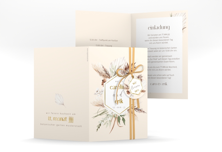 Einladungskarte Hochzeit Bohemian A6 Klappkarte hoch beige gold mit Gräsern und Trockenblumen für Boho-Hochzeit
