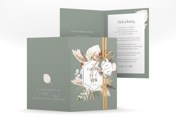Einladungskarte Hochzeit Bohemian A6 Klappkarte hoch gruen silber mit Gräsern und Trockenblumen für Boho-Hochzeit