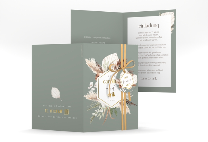 Einladungskarte Hochzeit Bohemian A6 Klappkarte hoch gruen gold mit Gräsern und Trockenblumen für Boho-Hochzeit