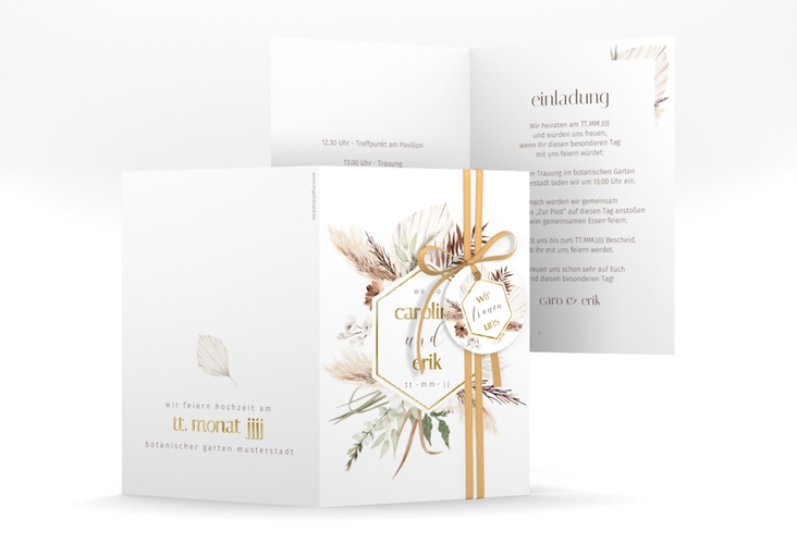 Einladungskarte Hochzeit Bohemian A6 Klappkarte hoch weiss gold mit Gräsern und Trockenblumen für Boho-Hochzeit
