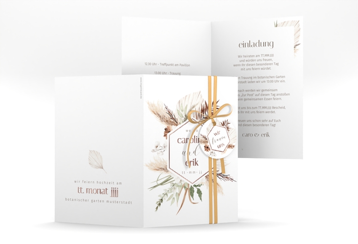 Einladungskarte Hochzeit Bohemian A6 Klappkarte hoch weiss rosegold mit Gräsern und Trockenblumen für Boho-Hochzeit