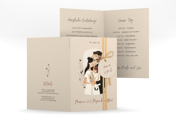 Einladungskarte Hochzeit Familienglück A6 Klappkarte hoch beige rosegold