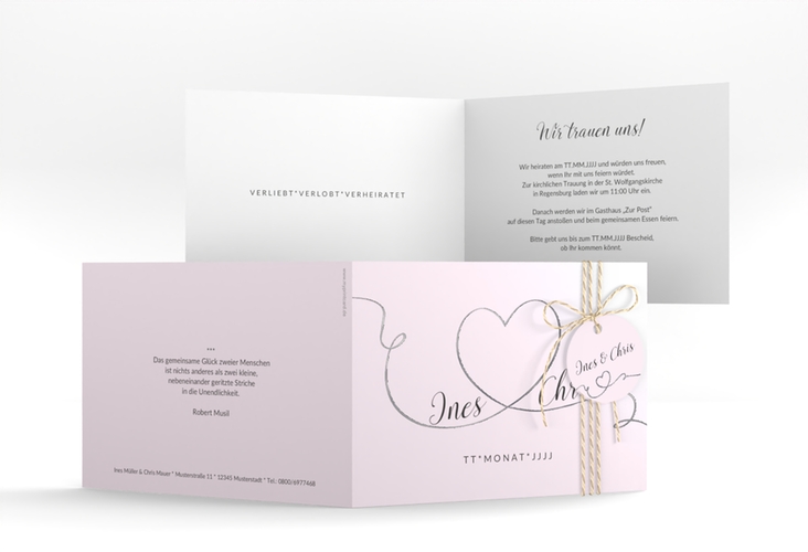 Hochzeitseinladung Dolce A6 Klappkarte quer rosa silber