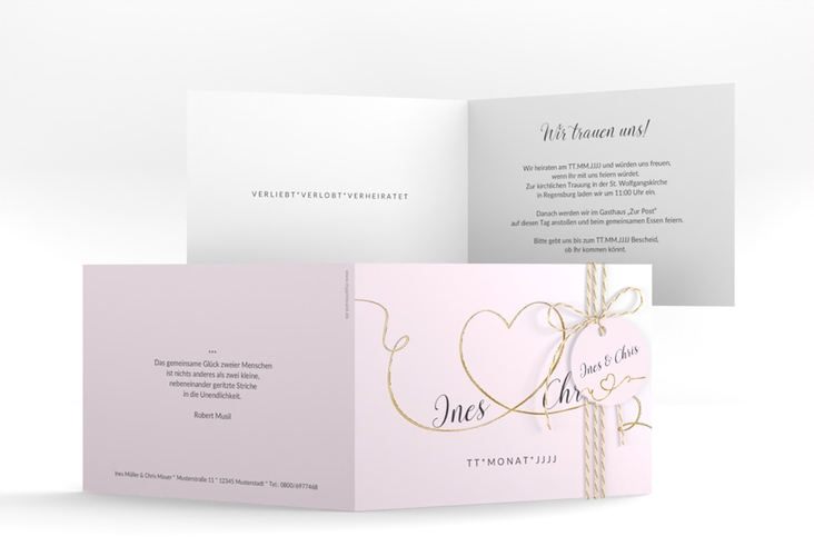 Hochzeitseinladung Dolce A6 Klappkarte quer rosa gold