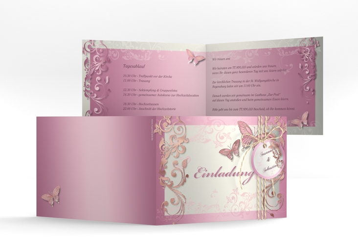 Hochzeitseinladung Toulouse A6 Klappkarte quer rosa rosegold mit Schmetterlingen und Schnörkeln