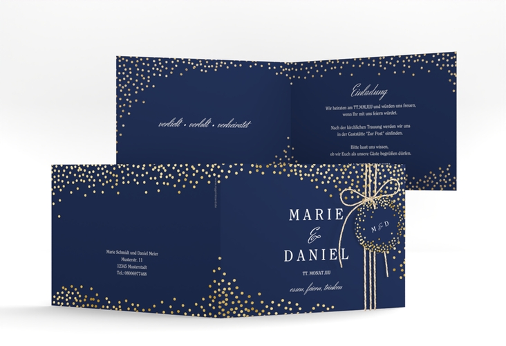 Hochzeitseinladung Glitter A6 Klappkarte quer blau gold