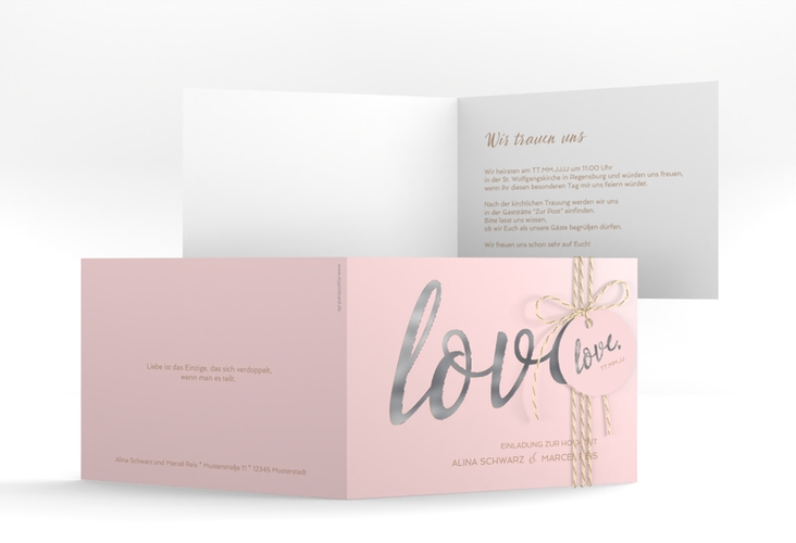 Hochzeitseinladung Glam A6 Klappkarte quer rosa silber