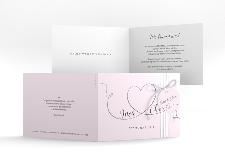Hochzeitseinladung Dolce A6 Klappkarte quer rosa silber