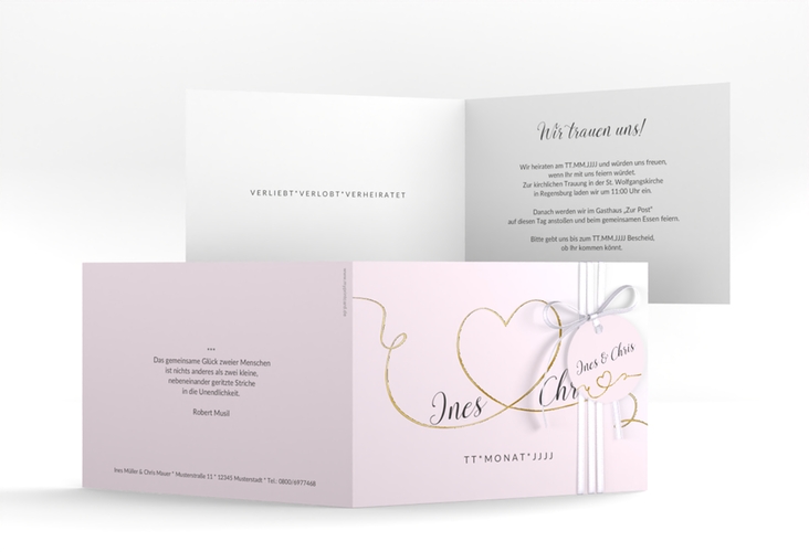 Hochzeitseinladung Dolce A6 Klappkarte quer rosa gold