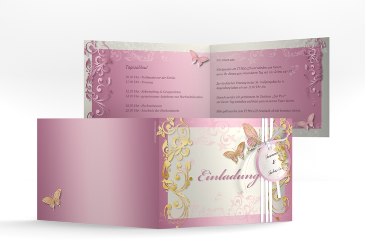 Hochzeitseinladung Toulouse A6 Klappkarte quer rosa gold mit Schmetterlingen und Schnörkeln