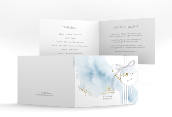 Hochzeitseinladung Pastell A6 Klappkarte quer blau gold
