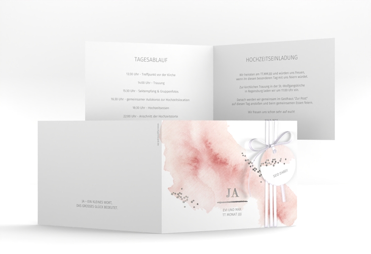 Hochzeitseinladung Pastell A6 Klappkarte quer rosa silber