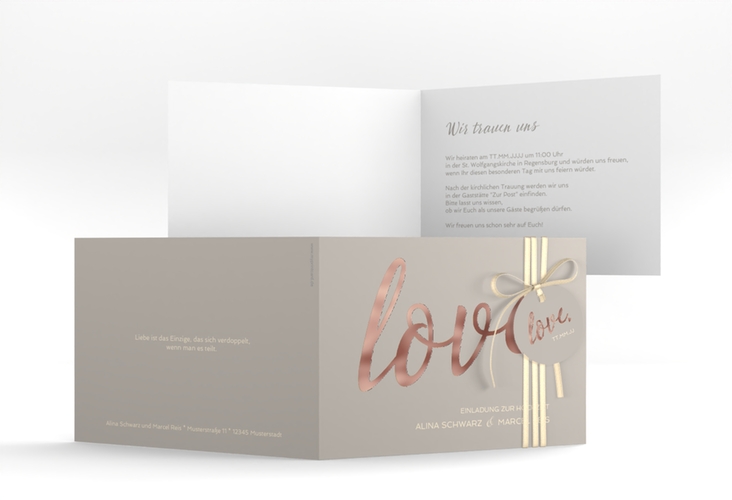 Hochzeitseinladung Glam A6 Klappkarte quer grau rosegold