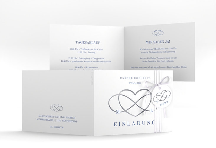 Hochzeitseinladung Infinity A6 Klappkarte quer blau silber