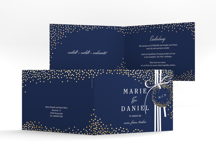 Hochzeitseinladung Glitter A6 Klappkarte quer blau gold