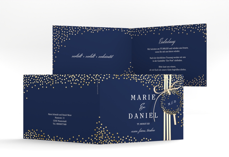 Hochzeitseinladung Glitter A6 Klappkarte quer blau gold