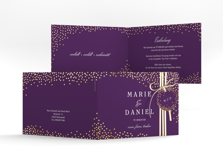 Hochzeitseinladung Glitter A6 Klappkarte quer lila gold