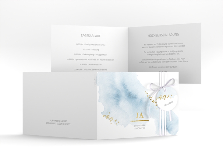 Hochzeitseinladung Pastell A6 Klappkarte quer blau gold