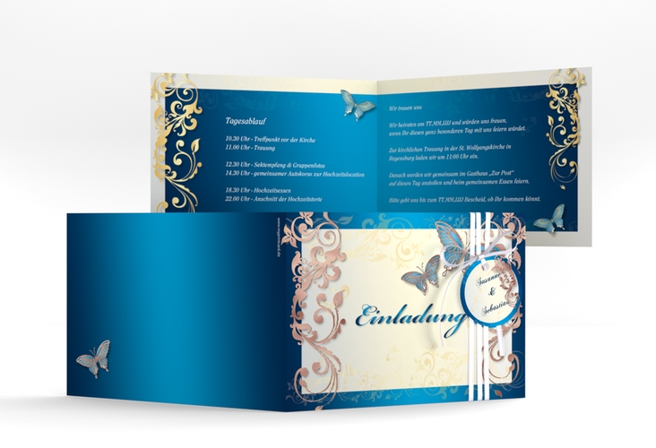 Hochzeitseinladung Toulouse A6 Klappkarte quer blau rosegold mit Schmetterlingen und Schnörkeln