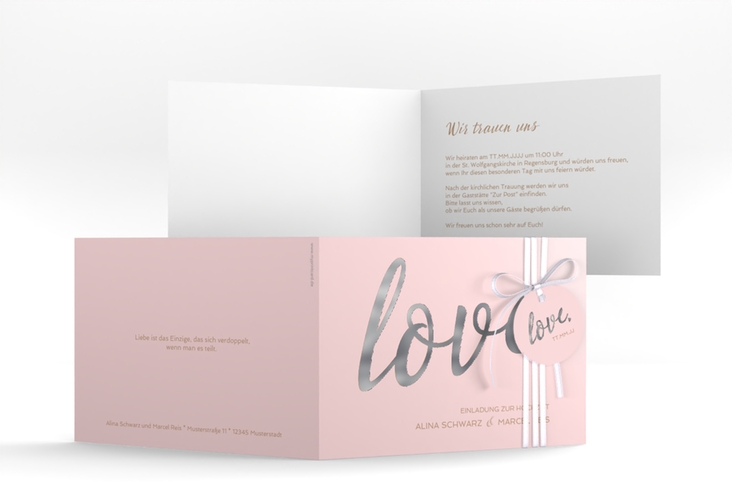 Hochzeitseinladung Glam A6 Klappkarte quer rosa silber
