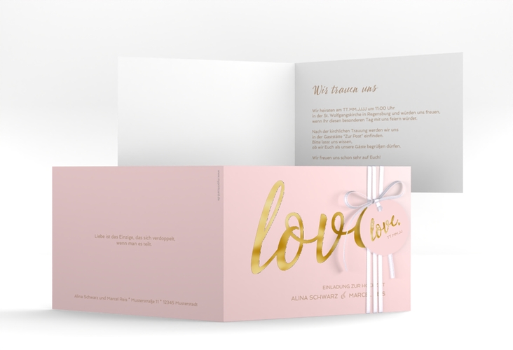 Hochzeitseinladung Glam A6 Klappkarte quer rosa gold