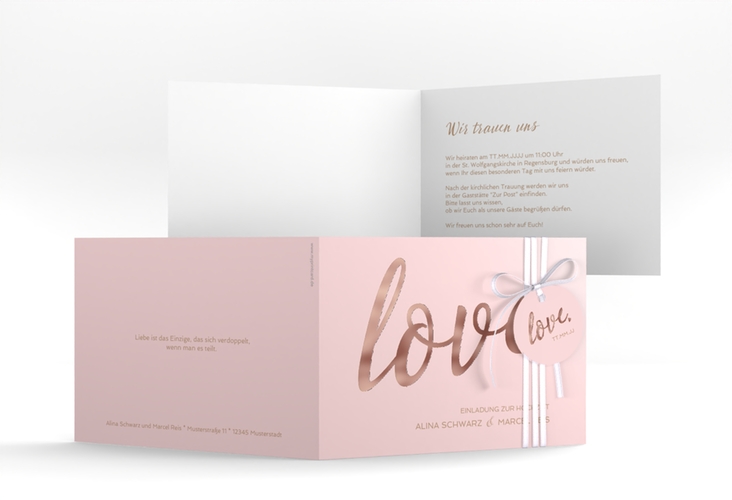 Hochzeitseinladung Glam A6 Klappkarte quer rosa rosegold