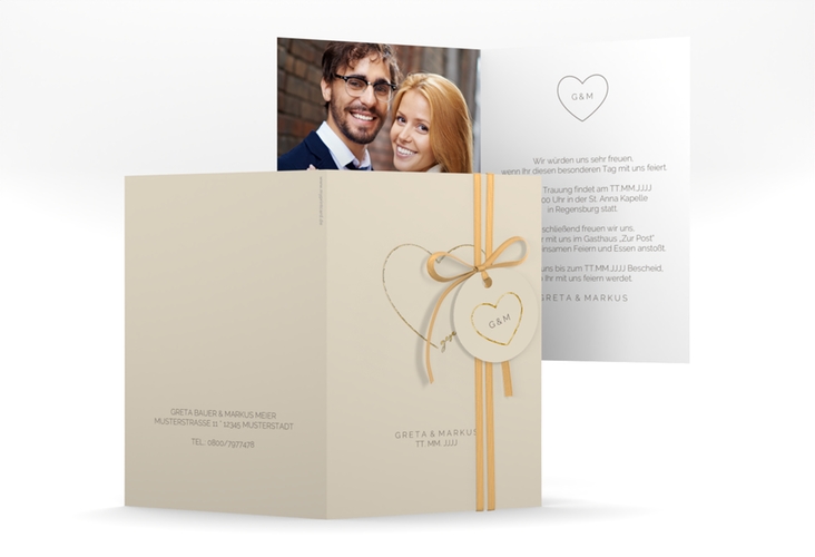 Einladungskarte Hochzeit Lebenstraum A6 Klappkarte hoch beige gold