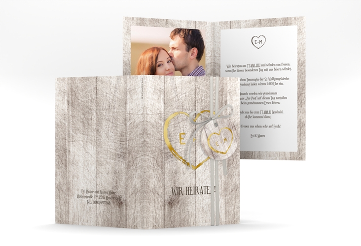 Einladungskarte Hochzeit "Wood" A6 Klappkarte hoch weiss gold
