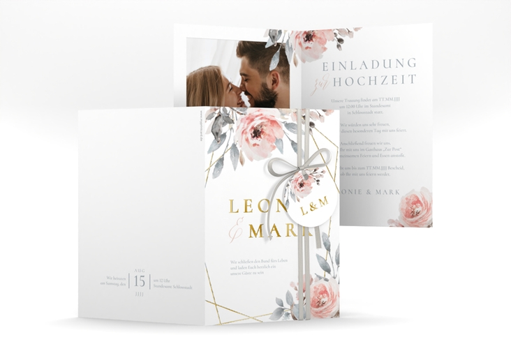 Einladungskarte Hochzeit Perfection A6 Klappkarte hoch weiss gold mit rosa Rosen