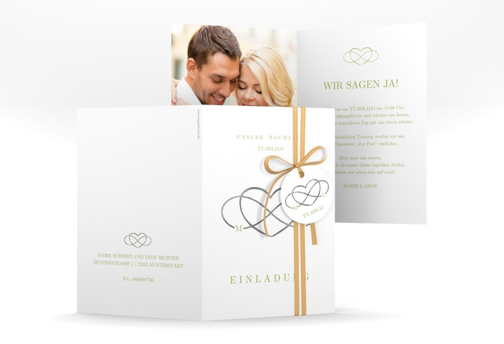 Einladungskarte Hochzeit Infinity A6 Klappkarte hoch gruen silber