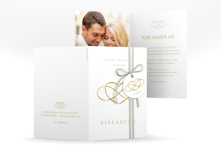 Einladungskarte Hochzeit Infinity A6 Klappkarte hoch gruen gold