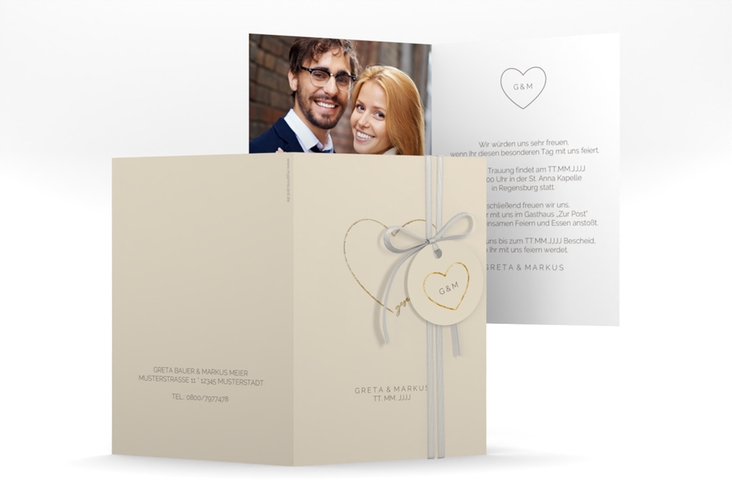 Einladungskarte Hochzeit Lebenstraum A6 Klappkarte hoch beige gold