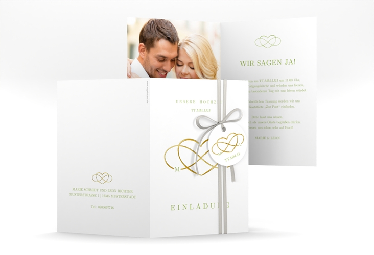 Einladungskarte Hochzeit Infinity A6 Klappkarte hoch gruen gold