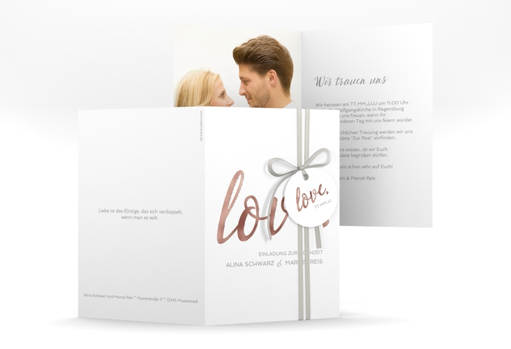 Einladungskarte Hochzeit Glam A6 Klappkarte hoch weiss rosegold