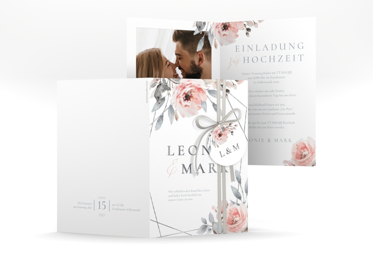 Einladungskarte Hochzeit Perfection A6 Klappkarte hoch weiss silber mit rosa Rosen