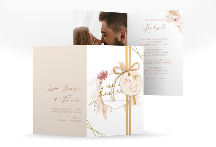 Einladungskarte Hochzeit Bohostyle A6 Klappkarte hoch beige gold mit Pampasgras in Aquarell
