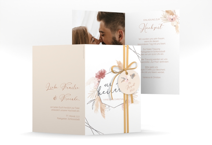 Einladungskarte Hochzeit Bohostyle A6 Klappkarte hoch beige silber mit Pampasgras in Aquarell