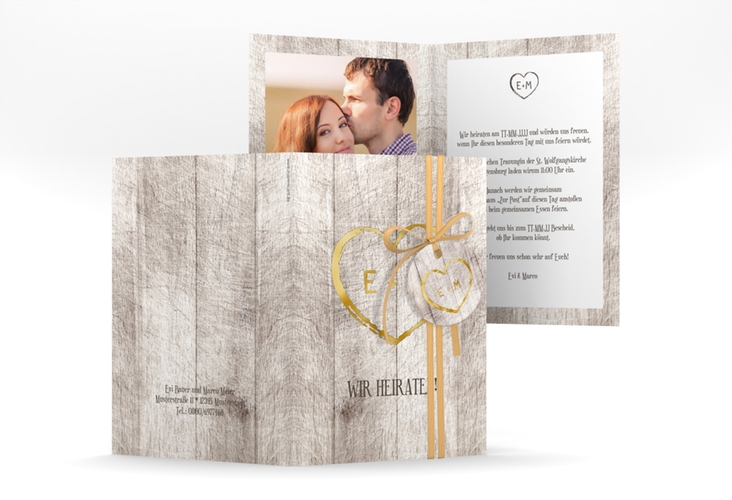 Einladungskarte Hochzeit Wood A6 Klappkarte hoch weiss gold