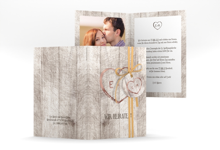 Einladungskarte Hochzeit Wood A6 Klappkarte hoch weiss rosegold