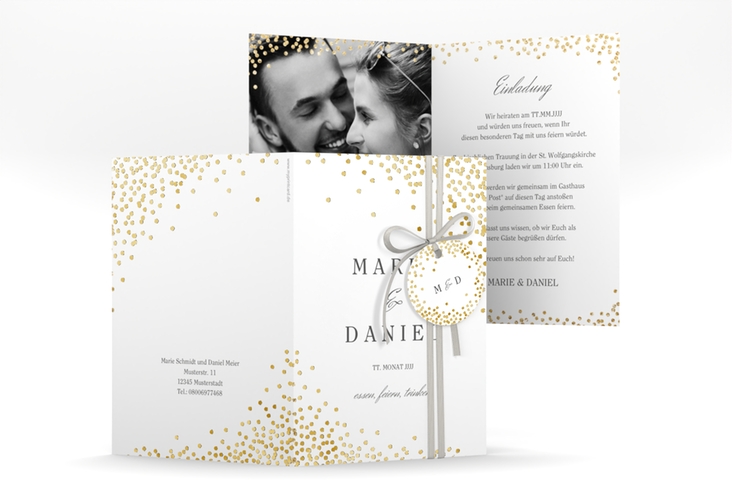 Einladungskarte Hochzeit Glitter A6 Klappkarte hoch weiss gold