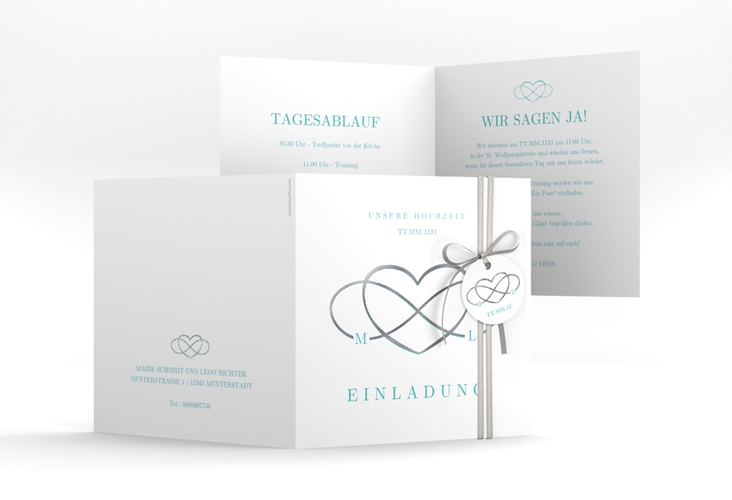 Hochzeitseinladung Infinity quadr. Klappkarte tuerkis silber