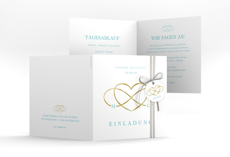 Hochzeitseinladung Infinity quadr. Klappkarte tuerkis gold