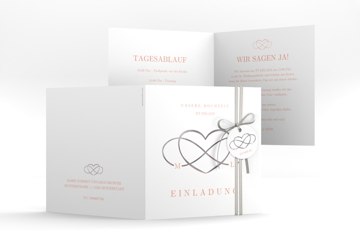 Hochzeitseinladung Infinity quadr. Klappkarte apricot silber