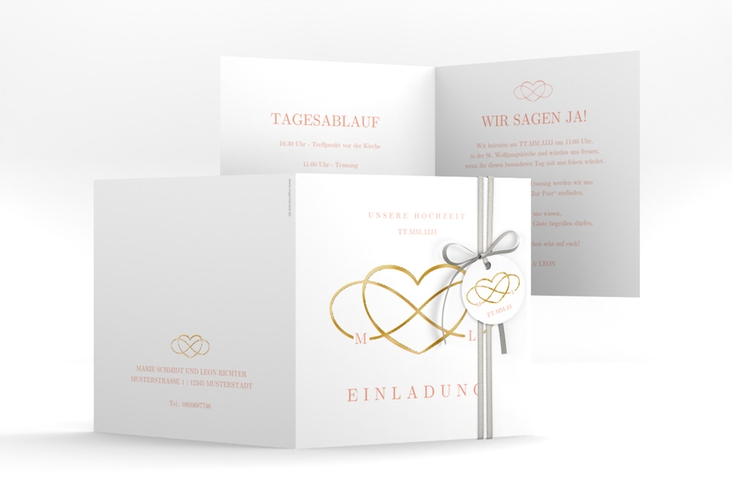 Hochzeitseinladung Infinity quadr. Klappkarte apricot gold